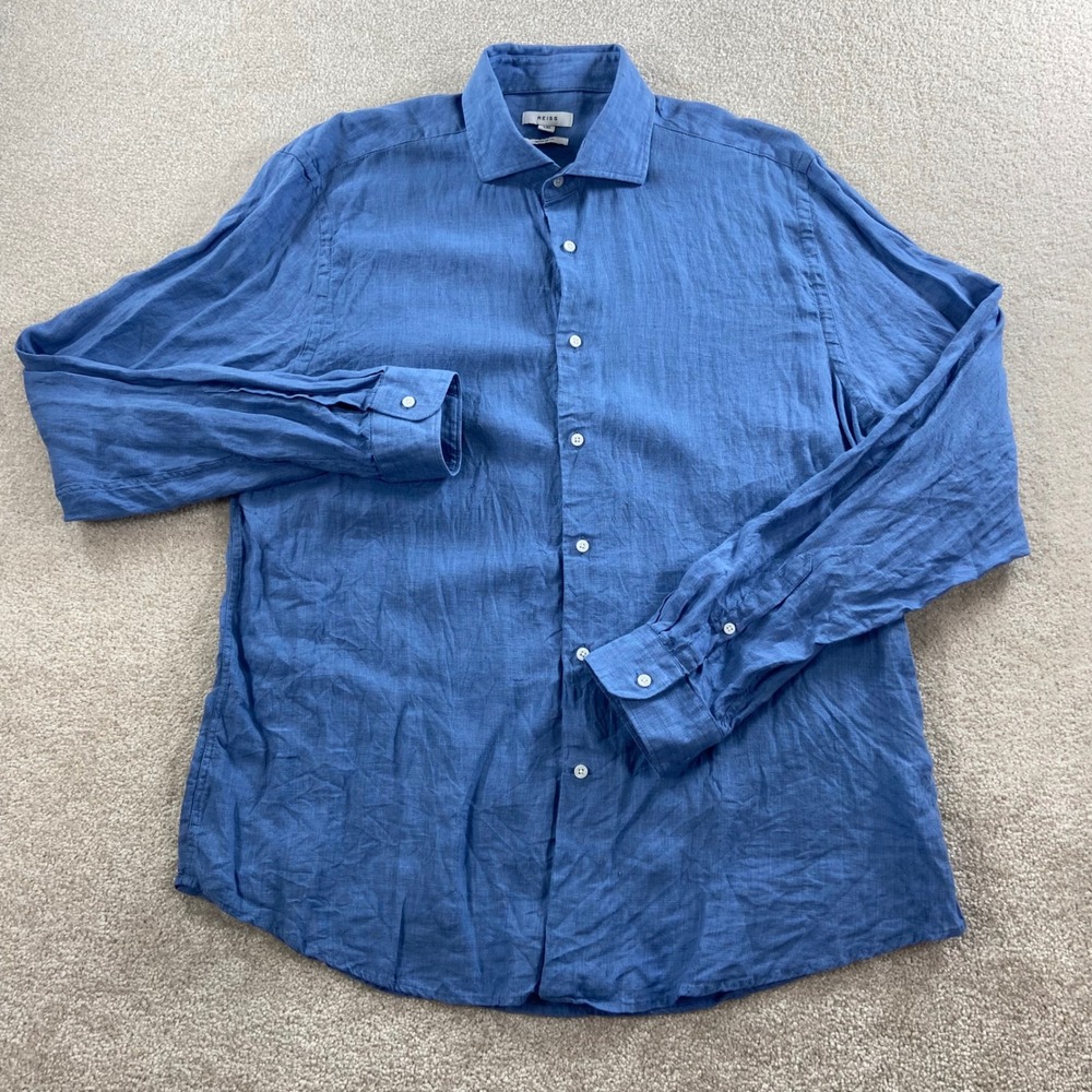 Reiss Button Down Shirt Mens XXL Blue 100% Linen Regular Fit Long Sleeve